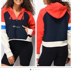 NWT Champion Colorblock Hooded Crop Sweatshirt - Navy, Red & Cream